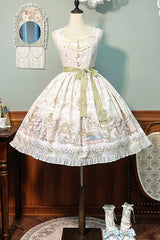 [Iris Study] V Collar Sleeveless Print Bowknot Lace Sweet Lolita Jumper Dress 2 Colors - Beige - 17
