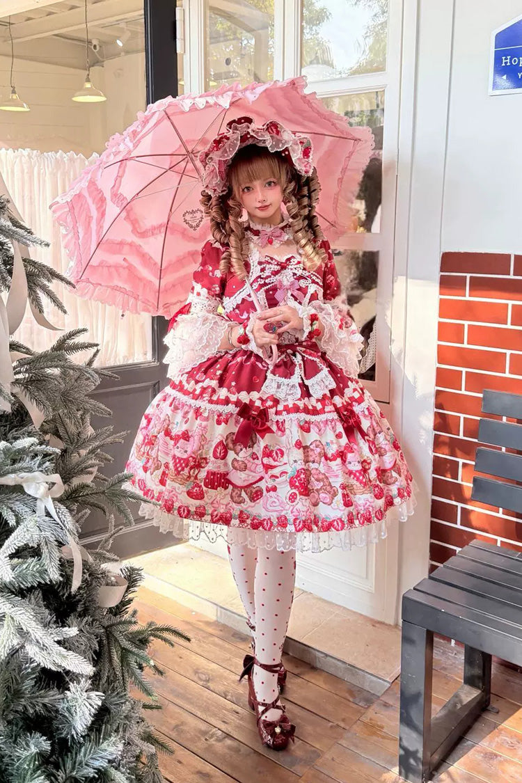 Red [Sweet Berry Bunny Bear] Half Sleeves Printed Bow Lace Lace-Up Sweet Lolita OP Dress - Product - 6
