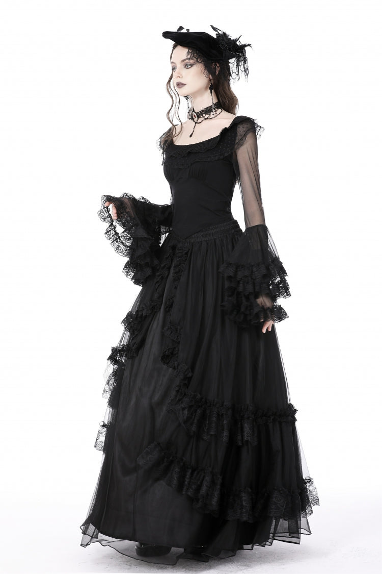 Black Multi-Layered Ruffled Lace Long Trumpet Sleeves Women's Gothic Princess Sexy Top - Product - 10