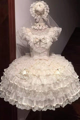Apricot [Ballad of Feathers] Sleeveless Multi-Layered Ruffle Hanayome Bowknot Sweet Lolita Jsk Dress - Product - 3