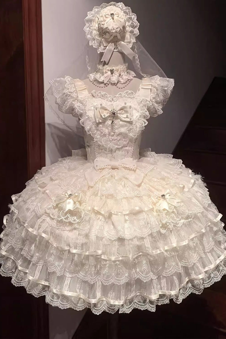 Apricot [Ballad of Feathers] Sleeveless Multi-Layered Ruffle Hanayome Bowknot Sweet Lolita Jsk Dress - Product - 3
