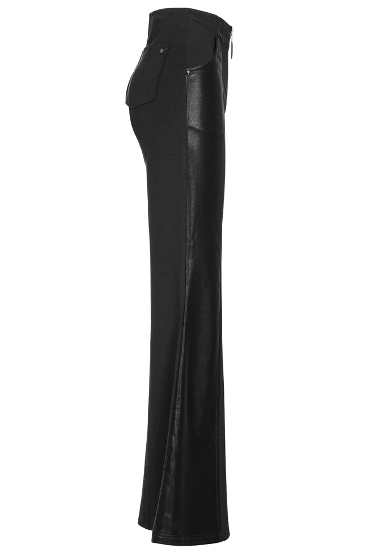 Black Stretch-Knit Paneled Faux Leather Waistband Ghost Button Flared Women's Punk Pants - Product - 6