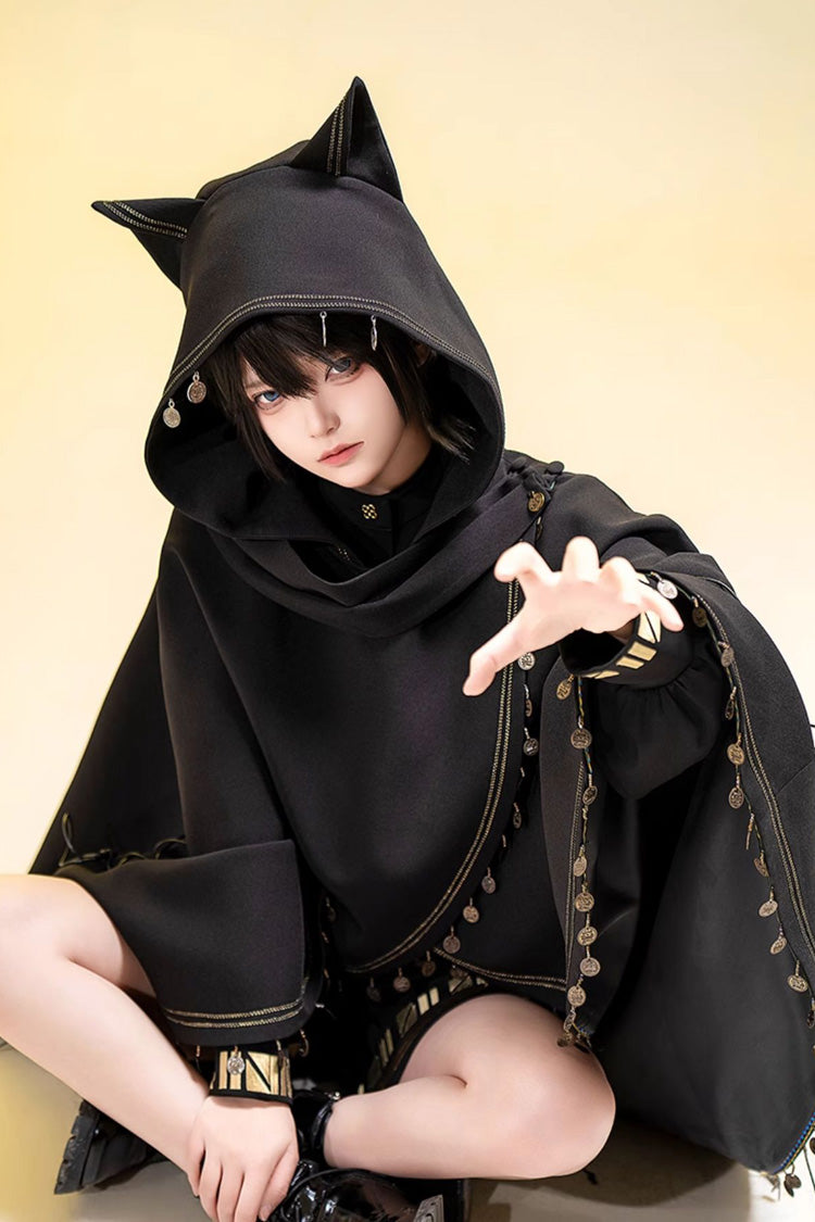 Black [Black Cat] Embroidery Cat Ears Hooded Ouji Gothic Prince Handsome Lolita Cloak - Product - 2