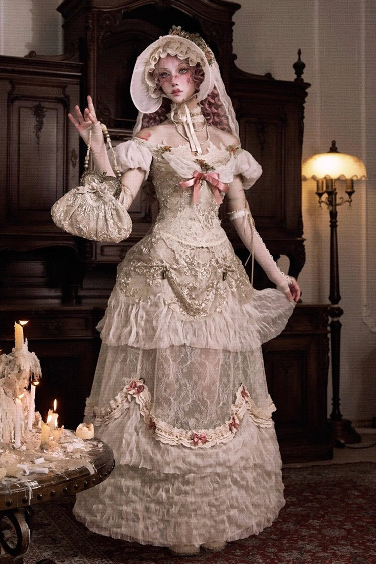 Light Brown [Cupid’s Poetry Box] Boat Neck Short Puff Sleeves Ruffled Cut-Out Embroidered Bow Lace Gothic Elegant Lolita Skirt Dress and Top Set - Product - 3