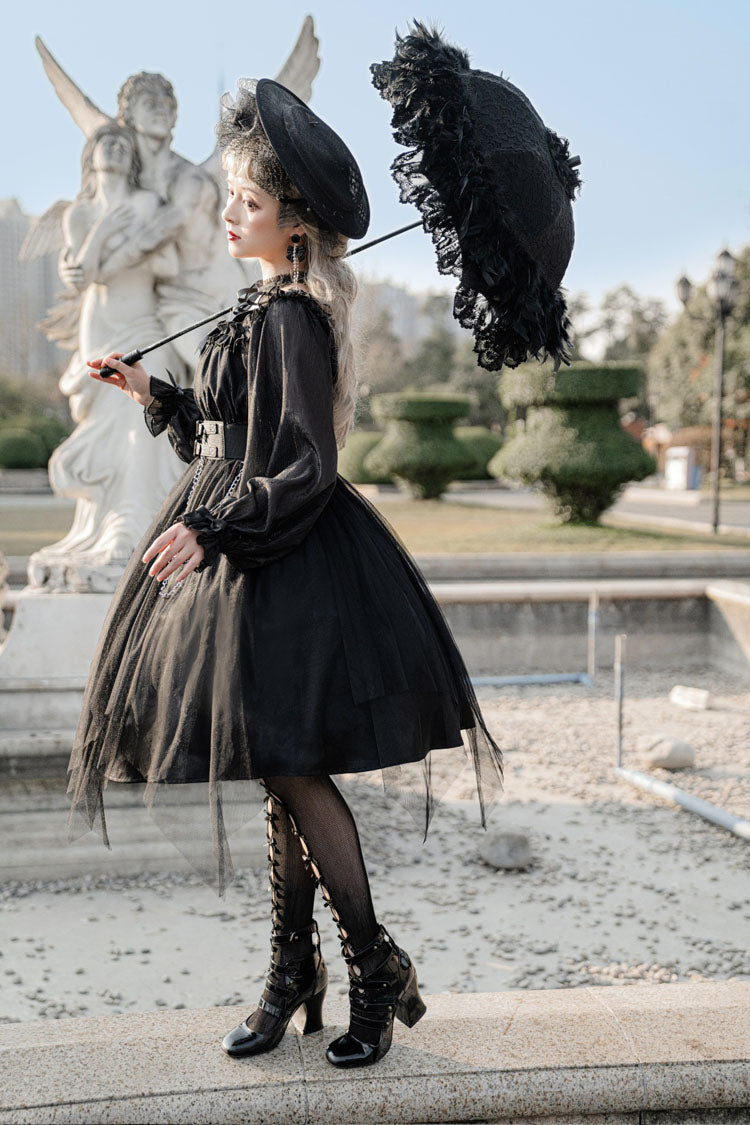 Black Square Collar Metal Chain Organza Stitching Gothic Lolita OP Dress (Short Version) - Product - 3