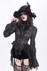 Black Stand Collar Ruffle Sheer Women's Swallow-tailed Gothic Blouse - Black - 1