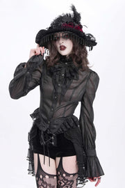 Black Stand Collar Ruffle Sheer Women's Swallow-tailed Gothic Blouse - Black - 1