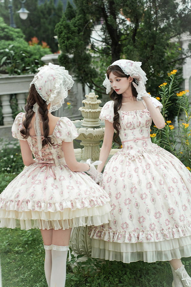 Ivory [Rose After The Rain] Short Sleeves Triple-Layered Print Ruffle Bowknot Lace-Up Sweet Lolita Short Dress - Product - 12