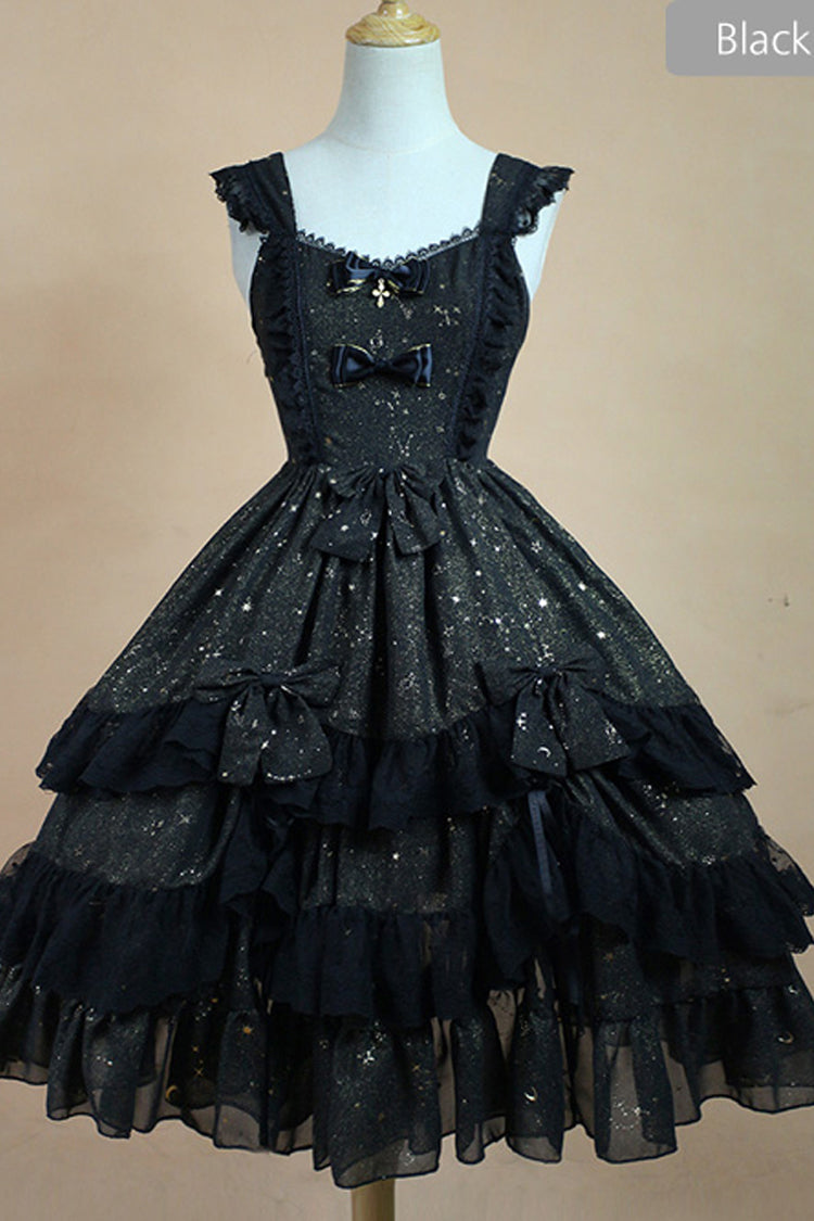 Chiffon Golden Star Bowknot Print Classic Lolita Sling Dress - Black - 1