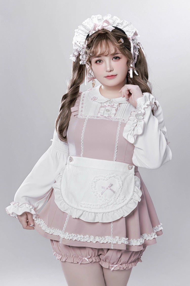Pink/White [Showcase Doll] Japanese Maid-Style Long Sleeves Ruffle Bowknot Jirai Kei Japanese Dress Shorts Set with Detachable Apron - Pink/White - 1