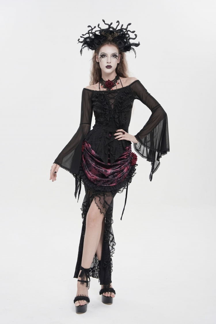 Black Off Shoulder Long Trumpet Sleeves Ruffled Embroidered Lace-Up Women's Gothic Blouse - Product - 13