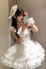 White [Flory Butterfly] Double-Layered Ruffle Bowknot Lace Lace-Up Sweet Ballet Lolita Jsk Dress - Product - 8