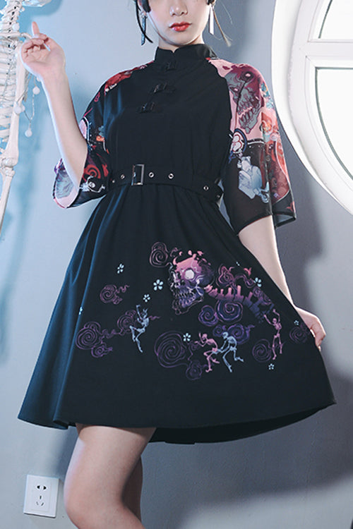 Black Stand Collar Hundred Ghosts Night Walk Colorful Print Short Sleeves High Waisted Sweet Lolita Dress - Black - 1