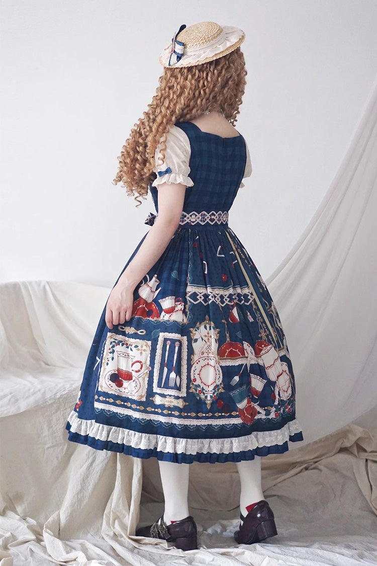 Dark Blue [Tea Party] Short Sleeves Print Ruffle Bowknot Lace Sweet Elegant Lolita Dress - Product - 9