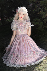 [Daydream Rose] Short Sleeves Floral Jacquard Print Ruffle Embroidery Bowknot Sweet Lolita Dress 3 Colors - Product - 12