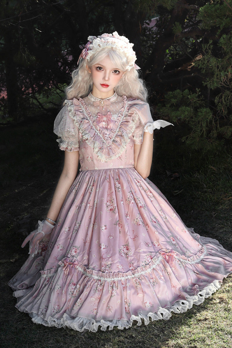 [Daydream Rose] Short Sleeves Floral Jacquard Print Ruffle Embroidery Bowknot Sweet Lolita Dress 3 Colors - Product - 12