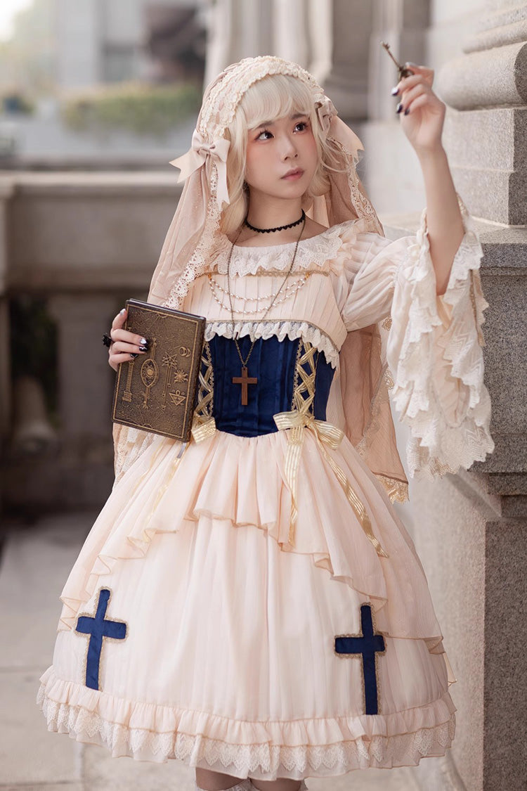 Apricot Eternal Life Song Print Cross Embroidery Sleeveless Ruffle Sweet Lolita Dress - Apricot - 1
