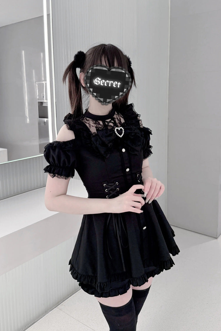 [Silver Candle Elegy”] Short Sleeves Printed Ruffled Cut-Out Bow Gothic Jirai Kei Top and Shorts Set 2 Colors - Product - 10