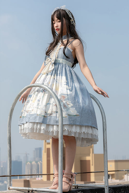 Blue Chinese Mythology Print High Waist Lace Trim Sweet Lolita JSK Dress - Product - 2