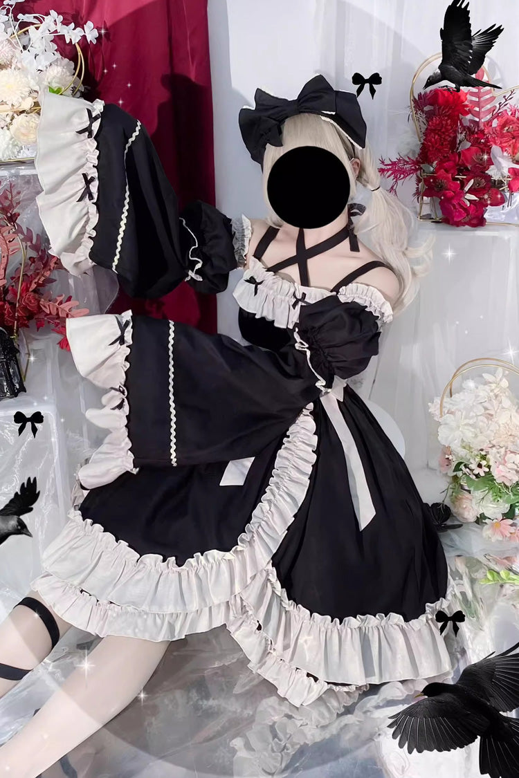 Black [Monet Estate] Sleeveless High Waisted Ruffle Bowknot Asymmetric Gothic Lolita Jsk Dress - Product - 17