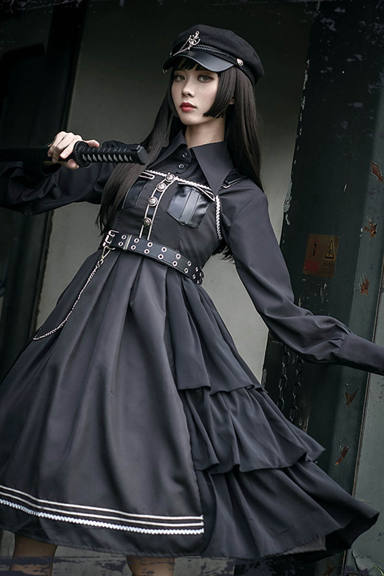Dark V Neck Bowknot Rivets Epaulettes Sleeveless Military Uniform PU Gothic Lolita Jsk Dress - Product - 5