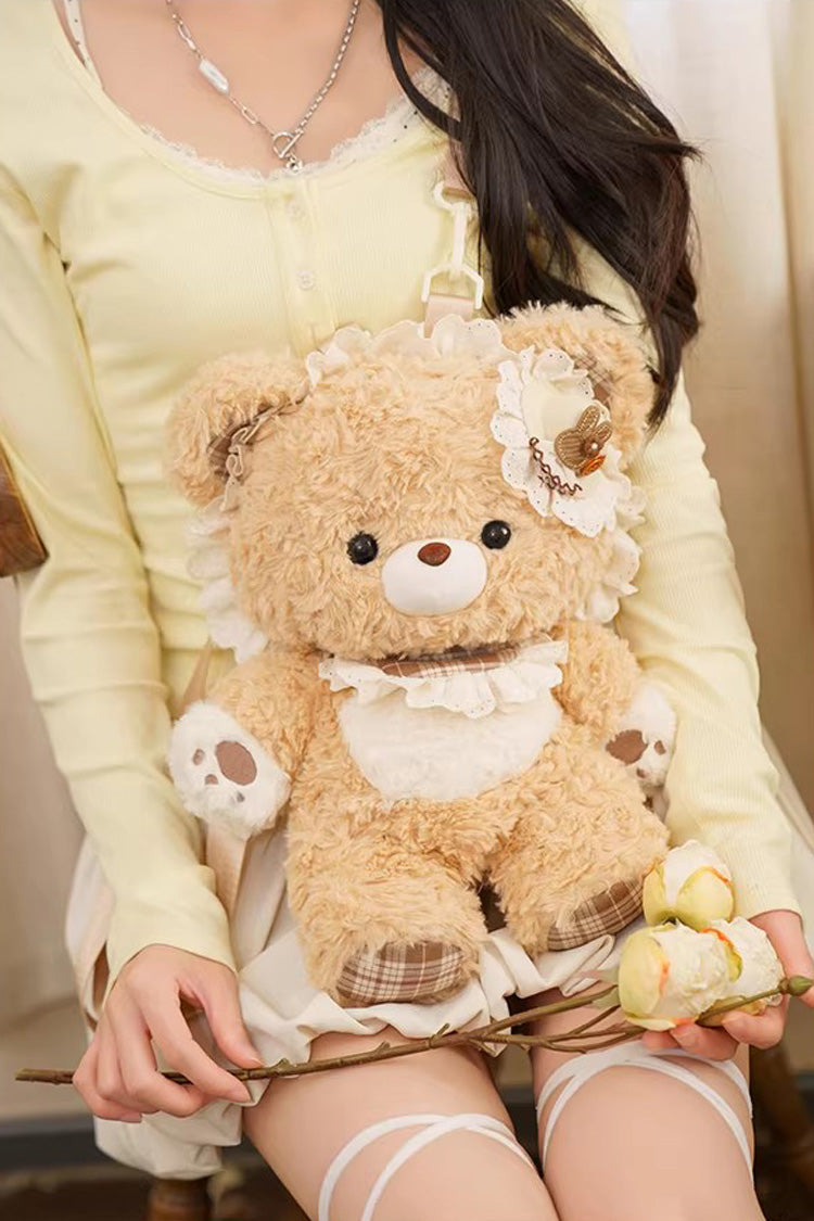 Brown [Little Bear Guli] Ruffled Plush Toy Sweet Lolita Backpack - Product - 8