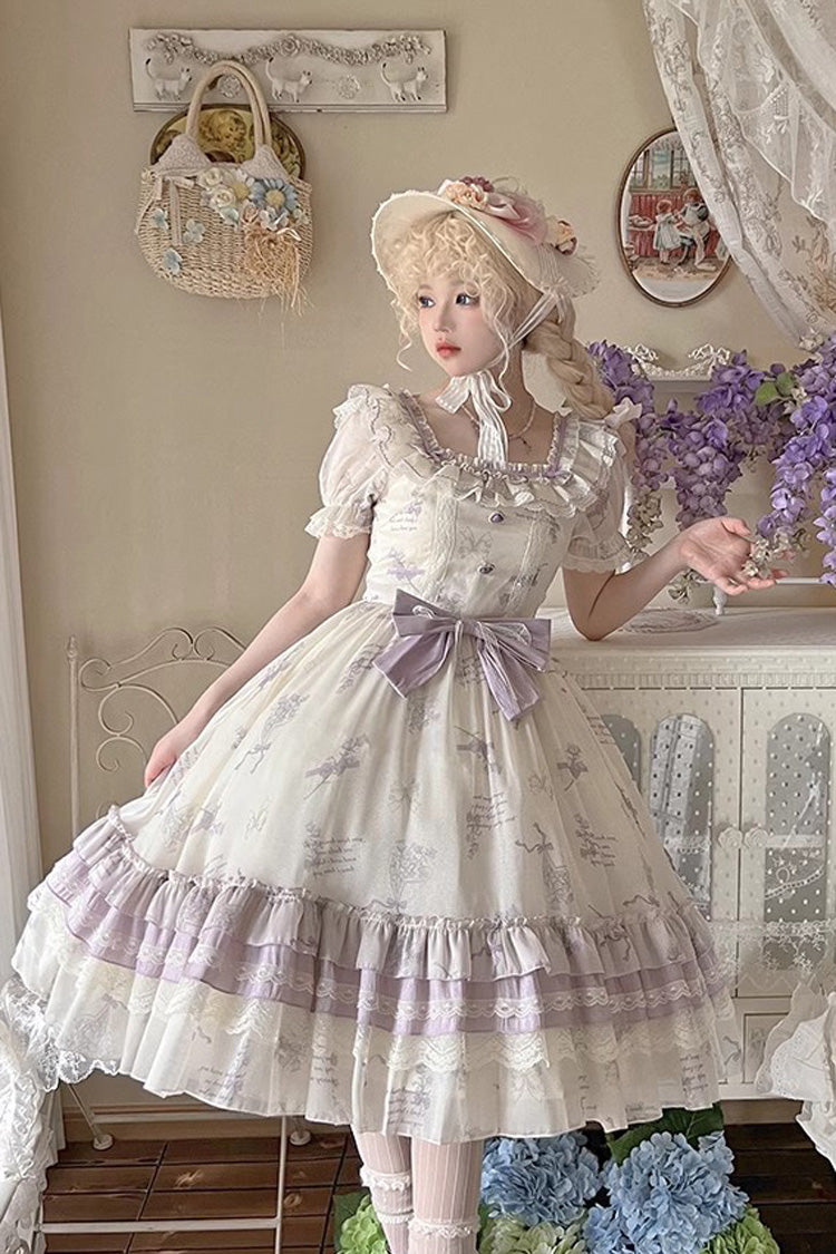 Letters and Poems Starry Bellflower Print Short Sleeve Square Neck Sweet Lolita Dress - Product - 5