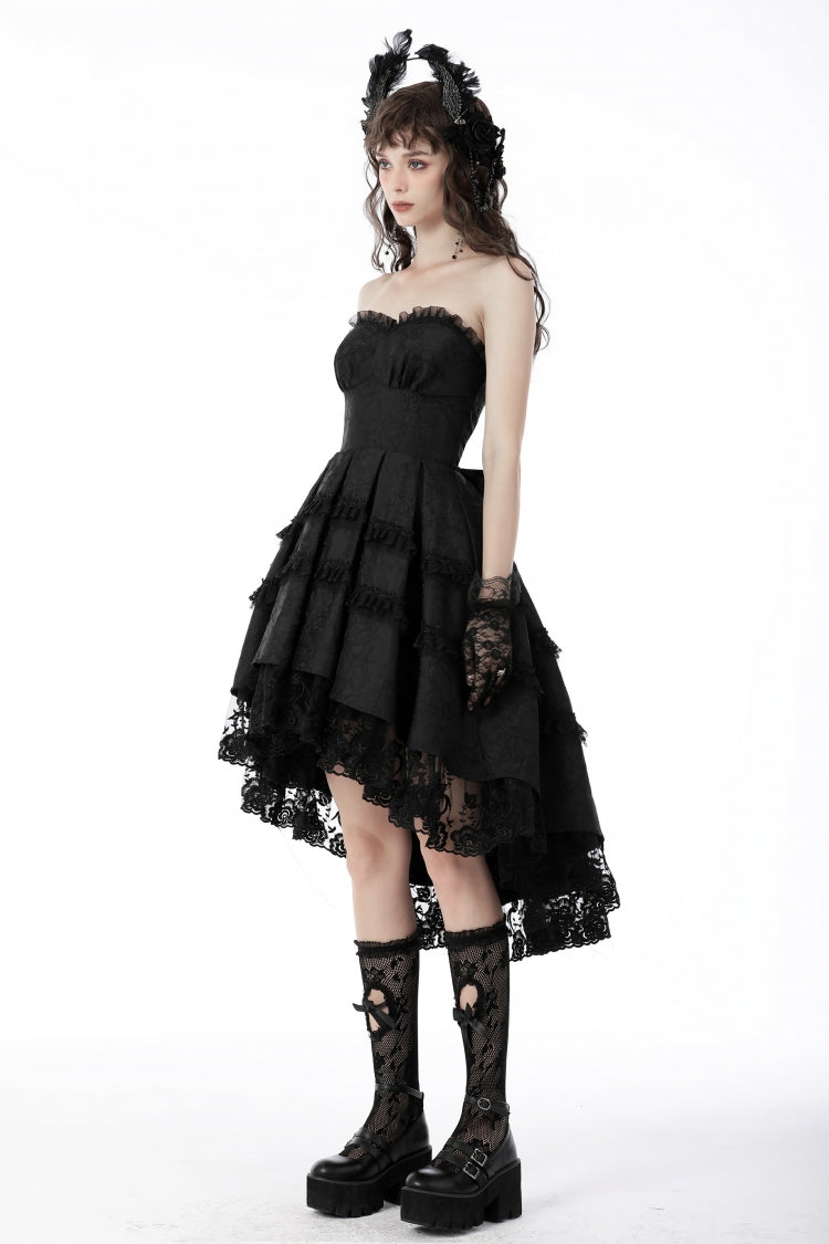 Black Sleeveless Lace-Up Women's Gothic Lace Multi-Layered High/Low Slip Wedding Graduation Dress - Product - 2