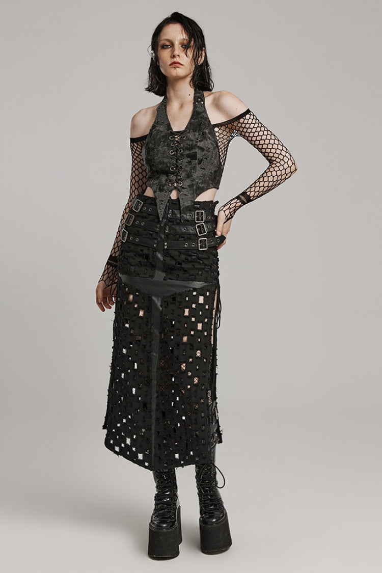 Black Hollow Cross-Taped Stitching Lace-Up Ripped Women's Steampunk Skirt - Product - 4
