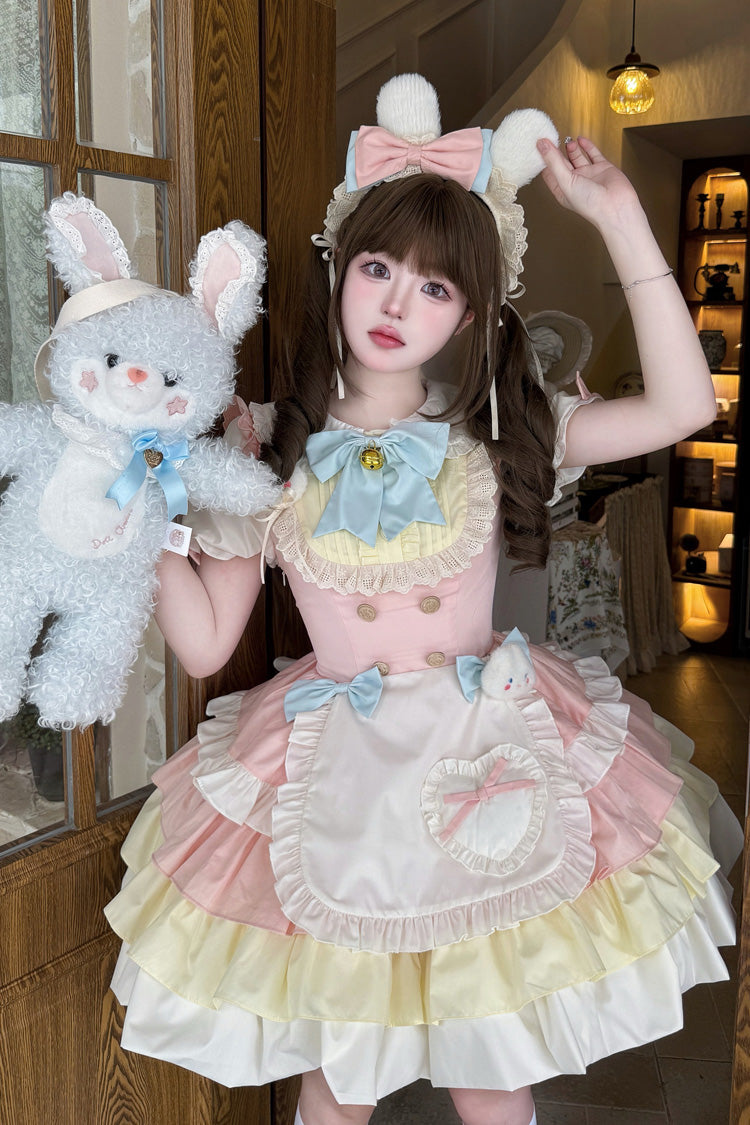 Yellow/Pink [Cream Puffs] Short Puff Sleeves Triple-Layered Ruffle Bowknot Sweet Lolita Dress - Product - 5