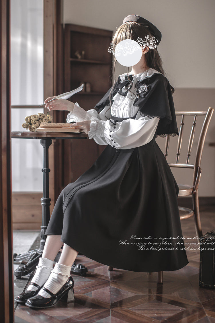 Black/White [Sunset Academy] Long Sleeves Ruffle Bowknot Fake Two Pieces Vintage College Style Elegant Lolita Dress - Product - 3
