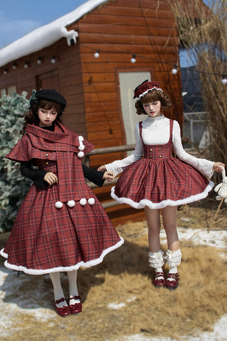 Red Striped Plaid Print Fall Winter Fishbone Sweet Corset Lolita Dress 2 Versions - Product - 7