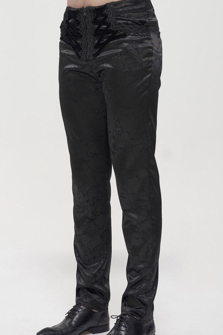 Black Gothic Glossy Pattern Drawstring Lace Decoration Men's Pants - Product - 7