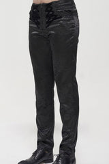 Black Gothic Glossy Pattern Drawstring Lace Decoration Men's Pants - Product - 7