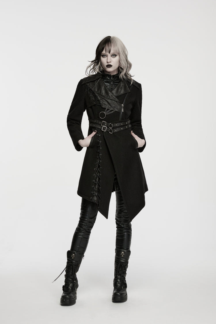 Black Lapel Collar Long Sleeves Patchwork Lace-Up Asymmetric Buckled Women's Punk Cool Coat - Black - 1