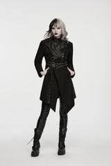 Black Lapel Collar Long Sleeves Patchwork Lace-Up Asymmetric Buckled Women's Punk Cool Coat - Black - 1