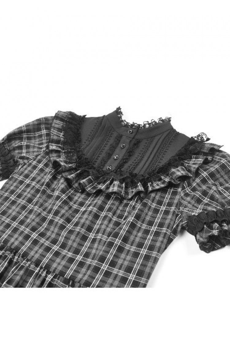 Black/White Plaid Stand Collar Short Puff Sleeves Ruffled  Lace Lace-Up Women's Lolita Gothic Dress - Product - 14