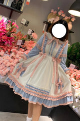 Blue/Pink [Sweetheart Puff] Doll Collar Long Sleeves Ruffle Bowknot Sweet Plus Size Lolita Dress - Blue/Pink - 1