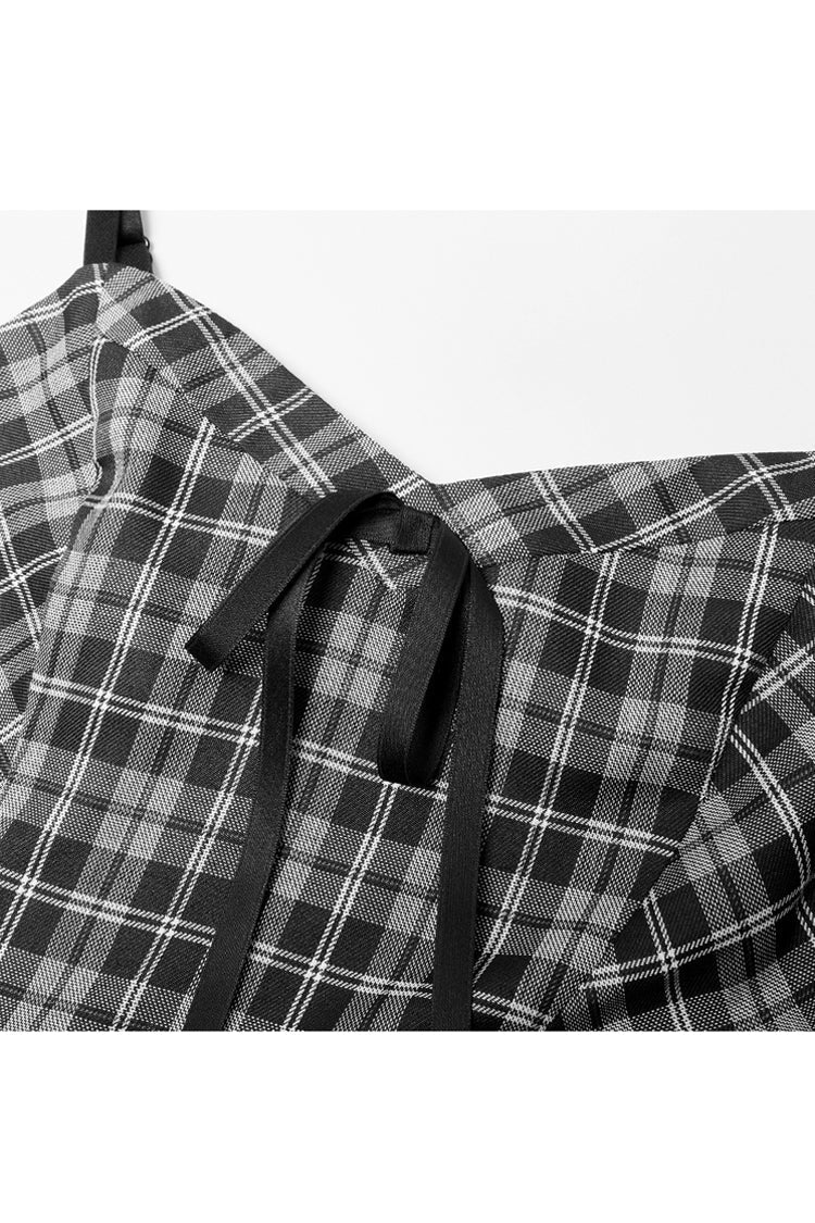 White/Black Plaid Front Chest Bow Decoration Women's Punk Slip Dress - Product - 6