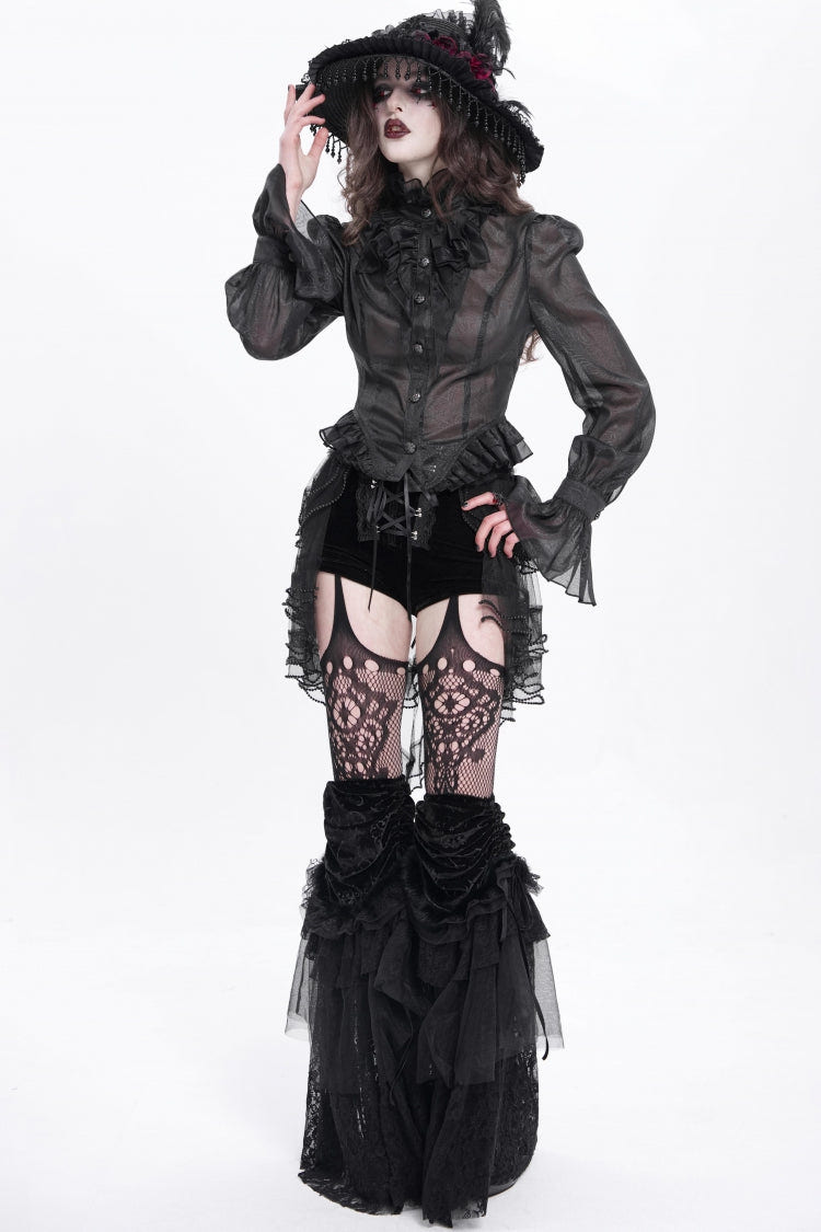 Black Stand Collar Ruffle Sheer Women's Swallow-tailed Gothic Blouse - Product - 9
