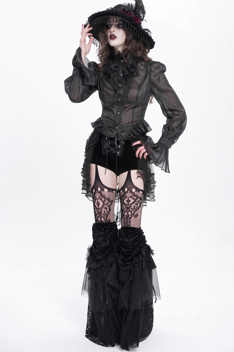 Black Stand Collar Ruffle Sheer Women's Swallow-tailed Gothic Blouse - Product - 9