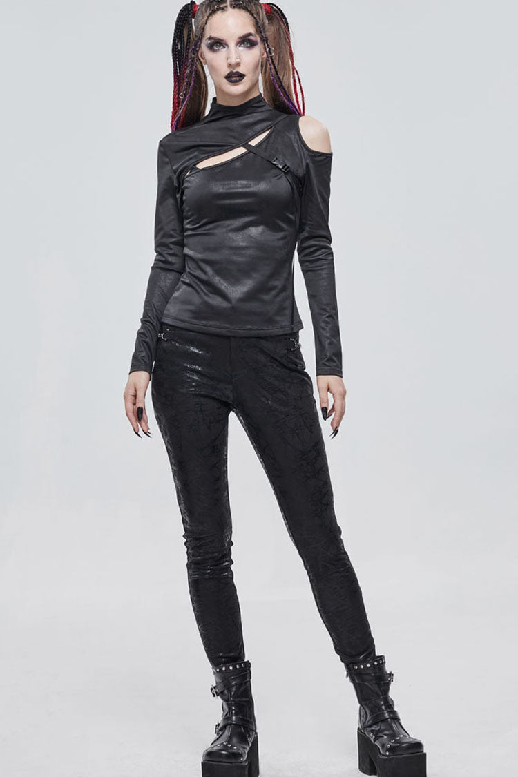 Black Punk Stretch Knitted Fabric Chest Cutout Design Buckle Strap Decoration Long Sleeve Women's Shirt - Product - 3
