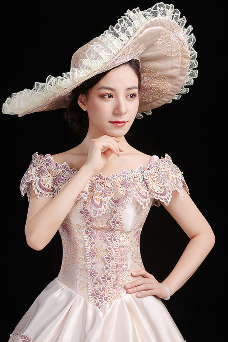 Pink Boat Neck High Waisted Hollow Embroidery Floral Print Multi-Layer Victorian Lolita Prom Dress - Product - 4