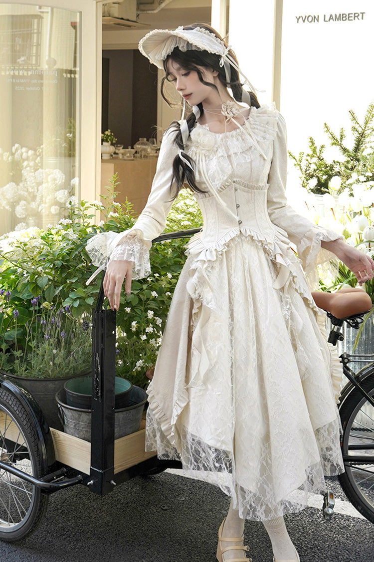 Ivory [White Tea] Long Sleeves Ruffle Bowknot Lace Irregular Classic Princess Lolita Dress - Product - 9