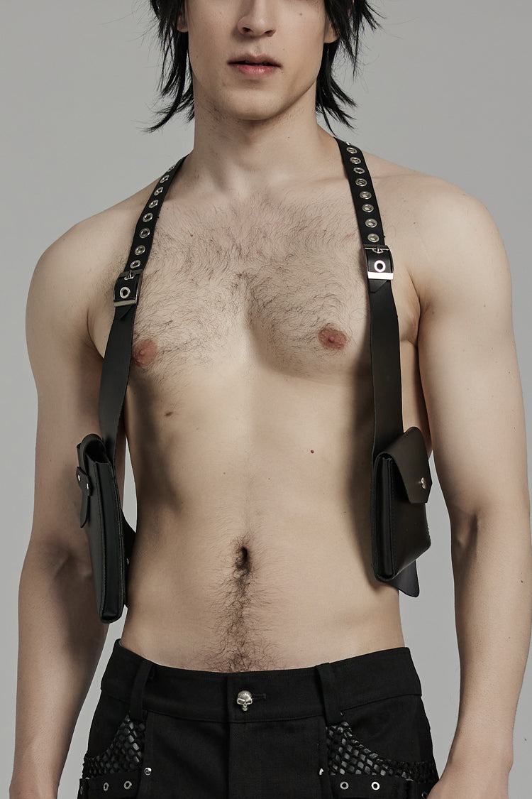 Black Faux Leather Vest Straps Men's Steampunk Vest Bag - Product - 3