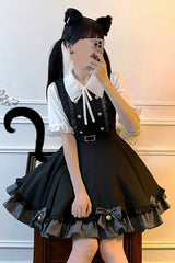 Black Ruffle Bowknot College Style Gothic Lolita Strap Dress - Product - 3