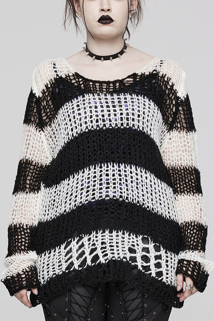 Round Collar Striped Print Irregular Ripped Women's Gothic Sweater 4 Colors - Black/White - 1