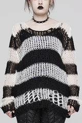 Round Collar Striped Print Irregular Ripped Women's Gothic Sweater 4 Colors - Black/White - 1