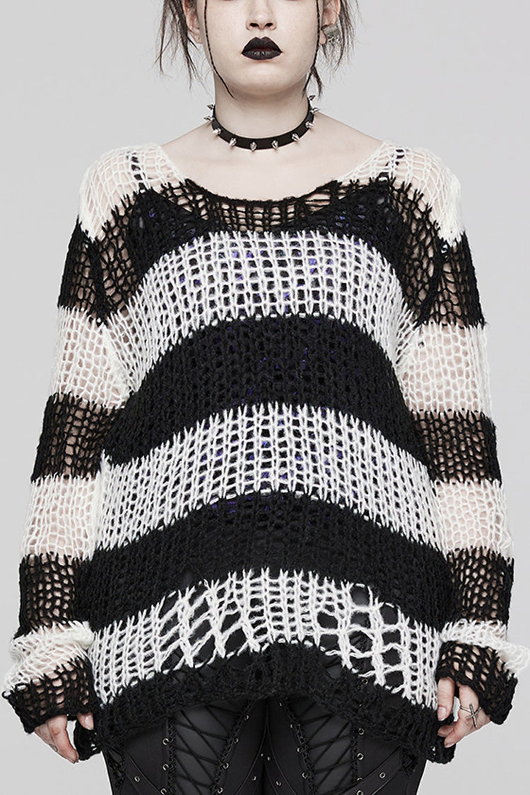 Round Collar Striped Print Irregular Ripped Women's Gothic Sweater 4 Colors - Black/White - 1