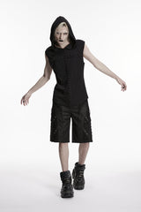 Black Lace-Up Studded Eyelet Men's Punk Cool Shorts - Black - 1